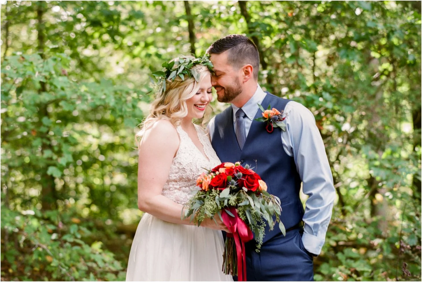 Bride and groom in a lush forest wedding portrait near Dollywood at Moose Hollow Lodge in the Smoky Mountains