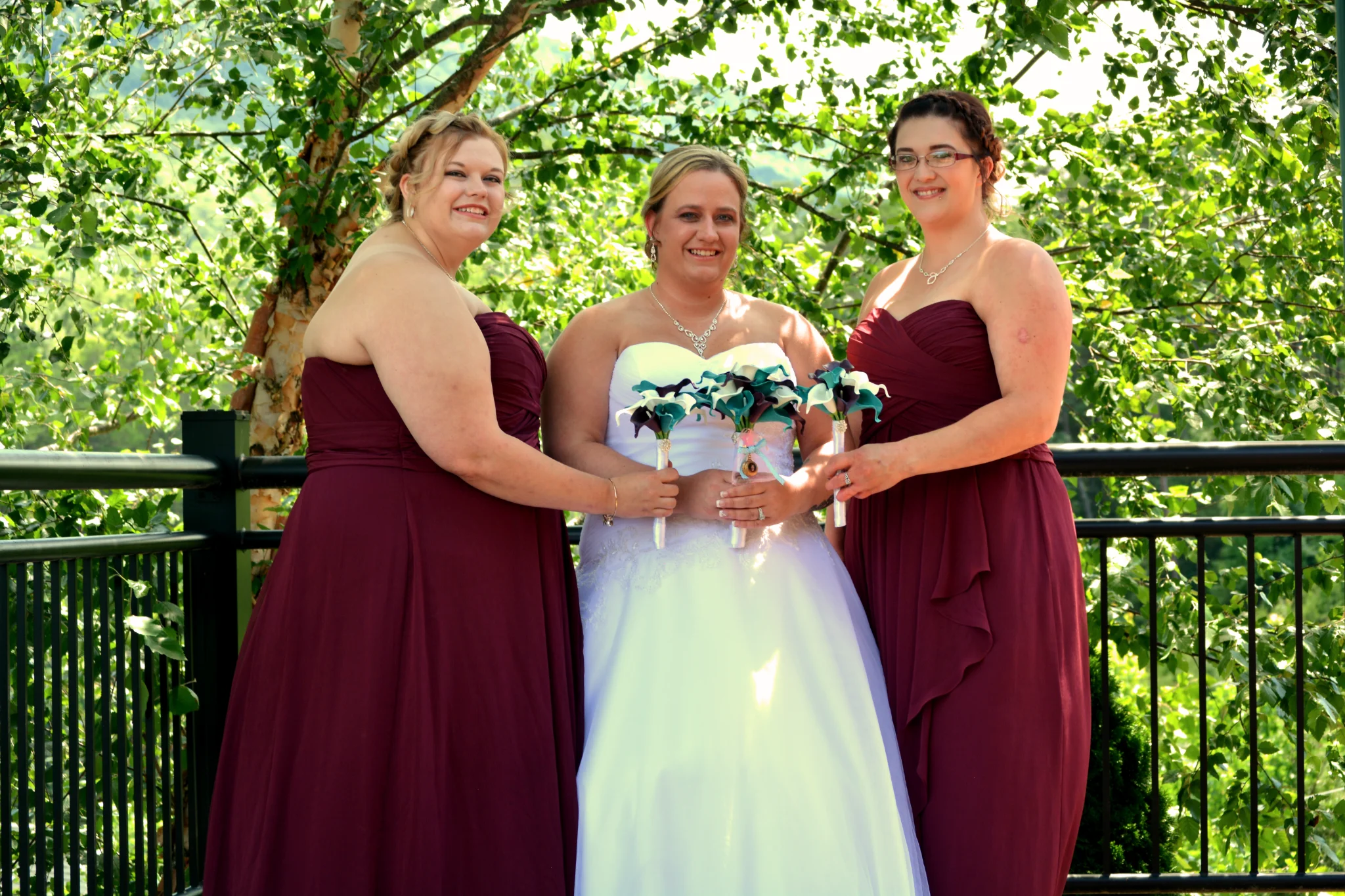 Bride and bridesmaids on a scenic outdoor deck at Moose Hollow Lodge near Smoky Mountains in Pigeon Forge