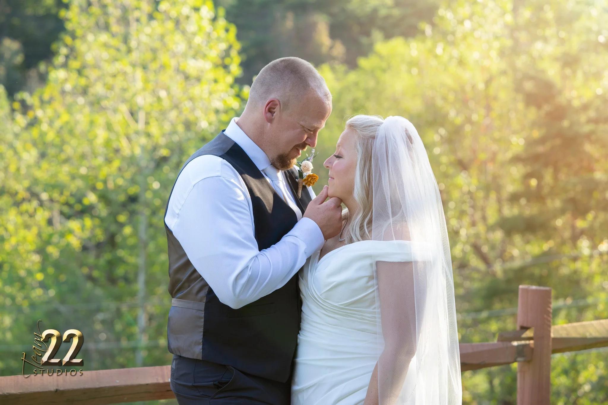 Bride and groom outdoor portrait with forest views near the Smoky Mountains at Moose Hollow Lodge in Pigeon Forge