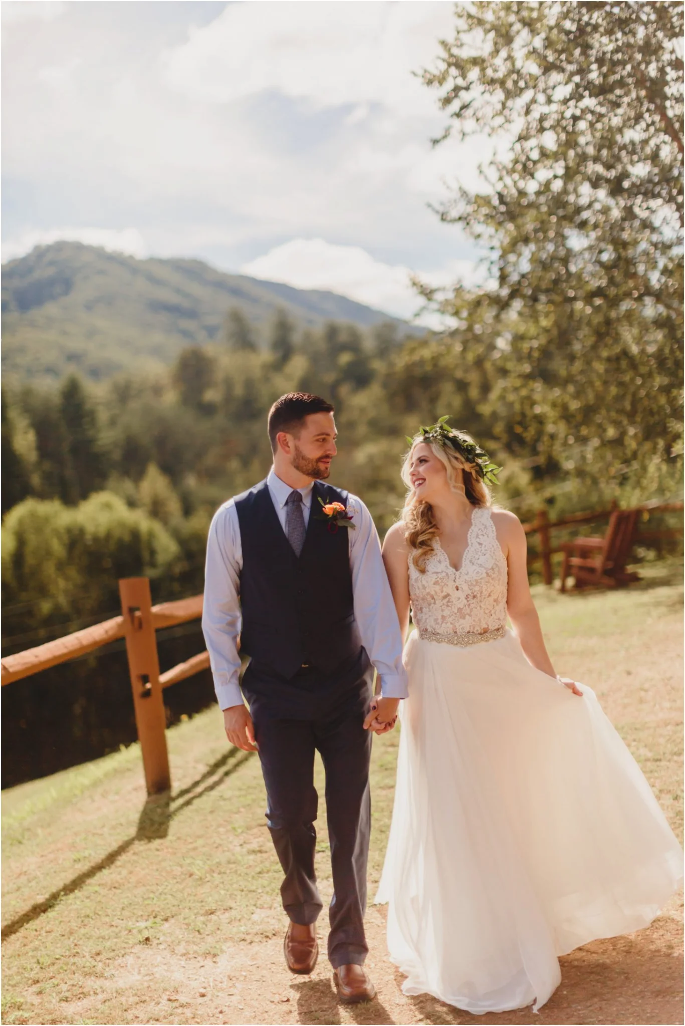 Bride and groom walking outdoors with Smoky Mountains views at Moose Hollow Lodge in Pigeon Forge near Dollywood