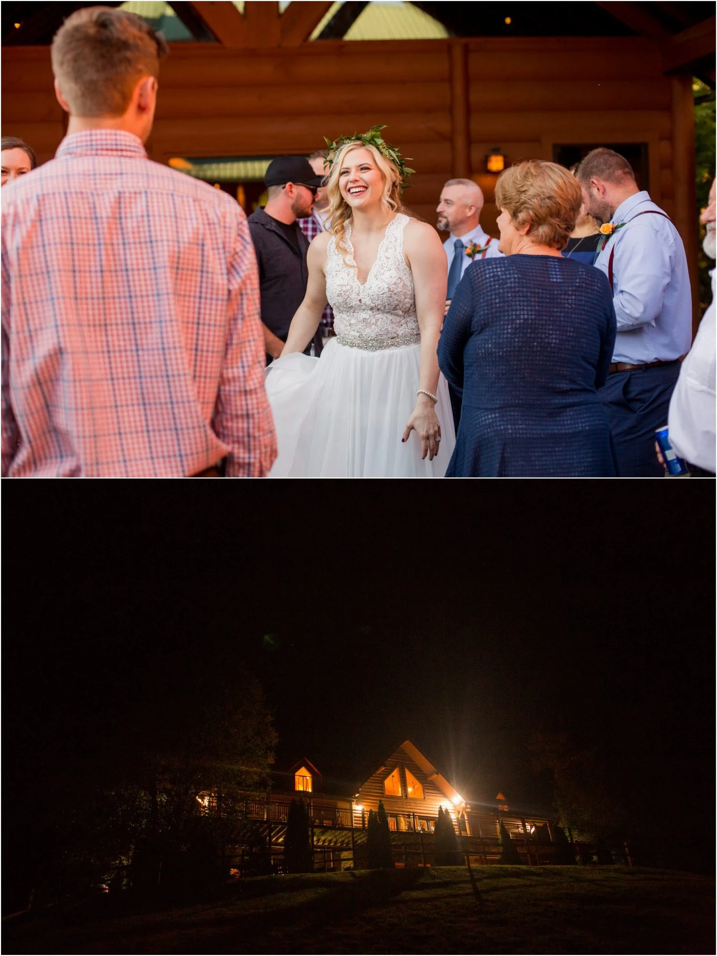 Smiling bride at wedding reception and night view of Moose Hollow Lodge in Pigeon Forge near Dollywood and Smoky Mountains