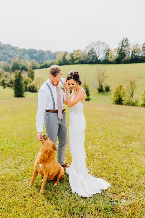 Wedding couple and golden dog in a field. Groom pets dog while bride smiles. Grassy hills and trees in background.